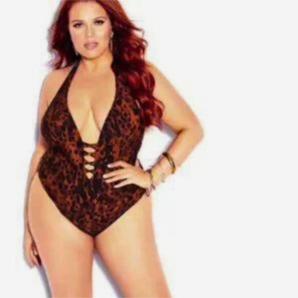 Gidget 1 Piece Plunge Leopard Print Swimsuit by CCX for City Chic - Picture 3 of 4